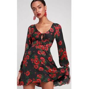Free People Morning Light Black Poppie Print Long Sleeve Mini Dress Sz 2
